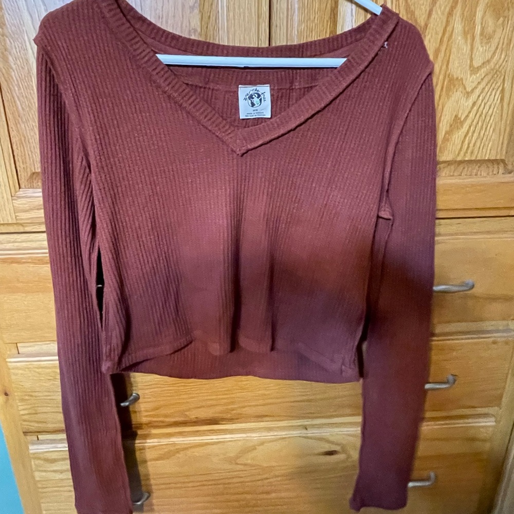 We The Free Ribbed V-Neck Blouse - Deep Red